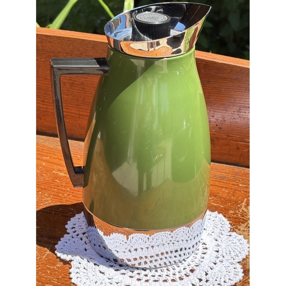 Vtg Thermos Coffee Carafe Pitcher Avocado Green Chrome Black Handle MCM Retro